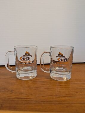 A&W Mini Root Beer Glass Mugs - Set of 2, Clear with Orange and Brown  Logo